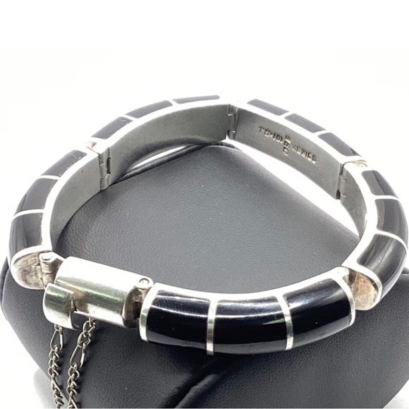 Signed, Taxco Vintage Onyx 950 Sterling Silver Heavy Link Bracelet - Picture 2 of 5